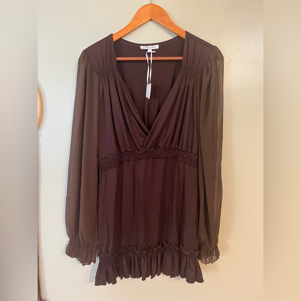 Vertigo Brown Tunic Top Mini Dress Sheer Sleeves Tiered Empire Waist Y2K L NWT